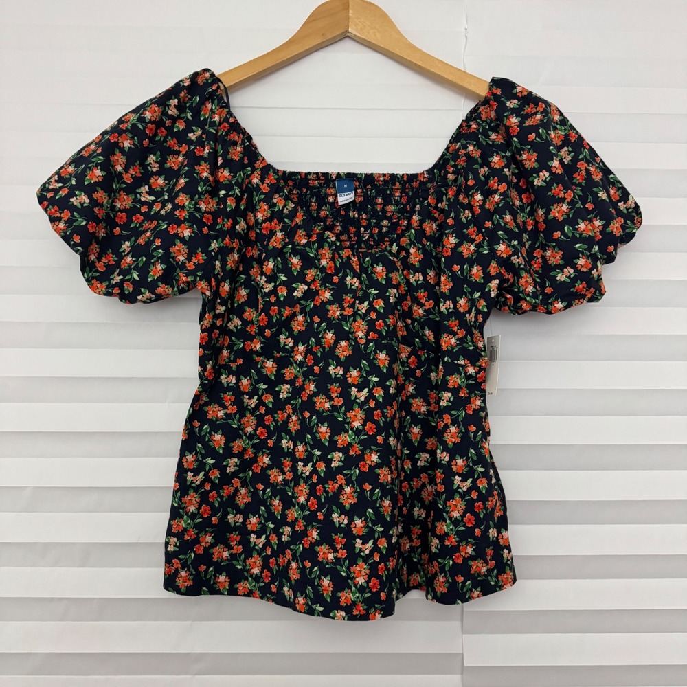 Old Navy Floral Smocked Puff Sleeve Top Navy Blue Orange M Cottagecore Boho NEW